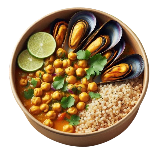 Curry de garbanzos y mejillones, acompañado de mijo aliñado con lima y cilantro