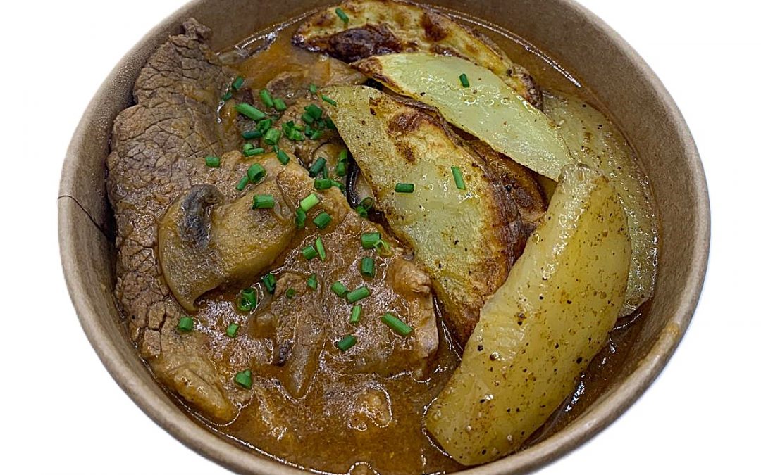 Fricandó de ternera con patata, alcachofa y setas. Versión Vegetariana