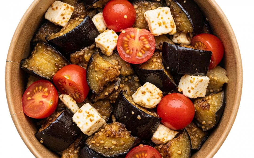 Ensalada de melanzane con tomate cherry y queso