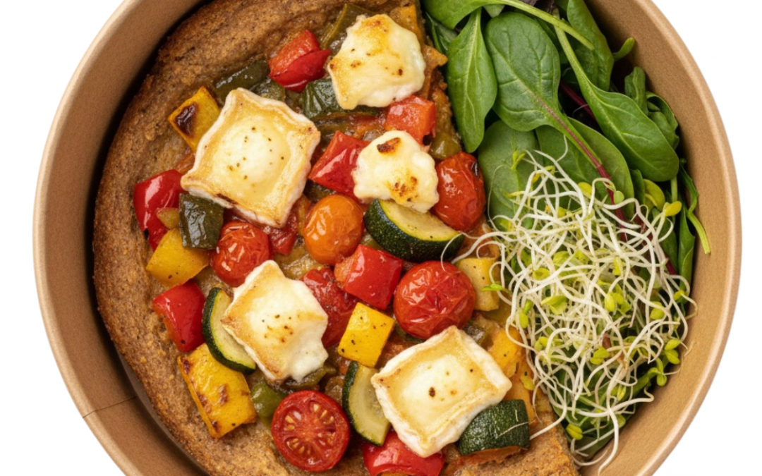 COCA DE TRIGO SARRACENO CON VEGETALES Y QUESO DE CABRA..