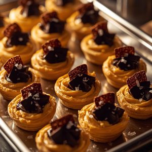 Volovans de foie " El Greco" con crujiente de chocolate puro y escama de sal