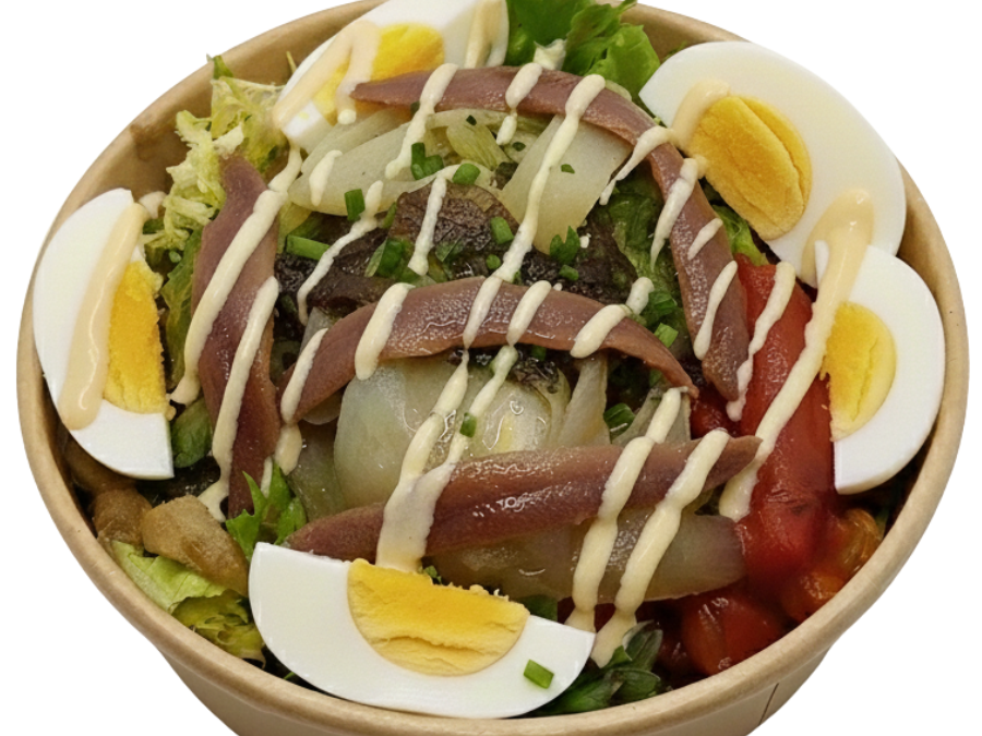 Timbal de escalivada con huevo duro y anchoas