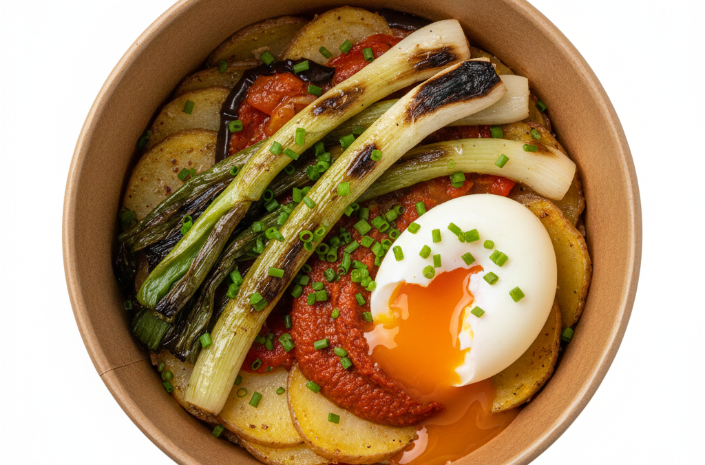 Timbal de patata con escalivada, calçots ..