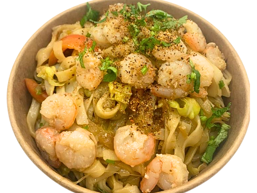 Wok de verduras y gambas.