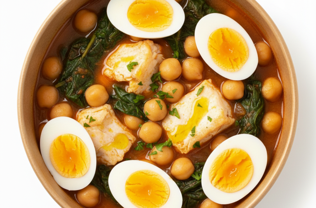 Guiso de garbanzos con bacalao y huevo duro