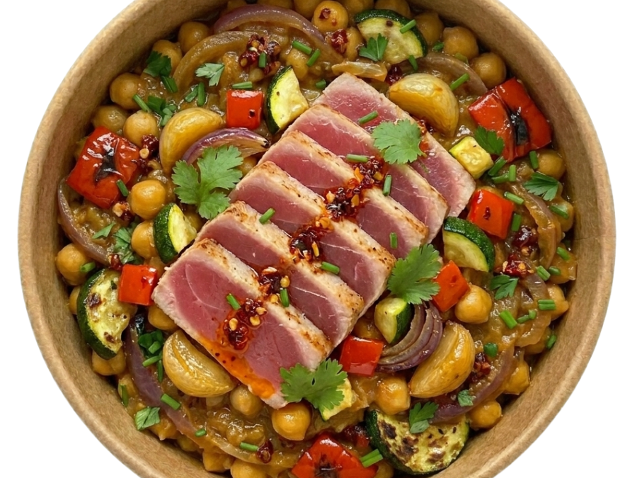 Garbanzos tataki de atún.