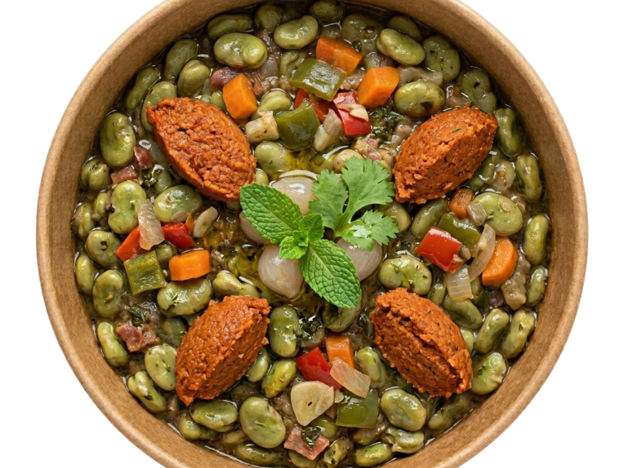 Guiso de habitas con verduras y sobrasada vegana