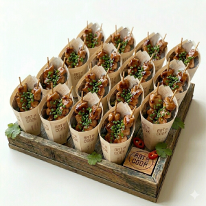 Caja de brochetas de pollo teriyaki y cebollino