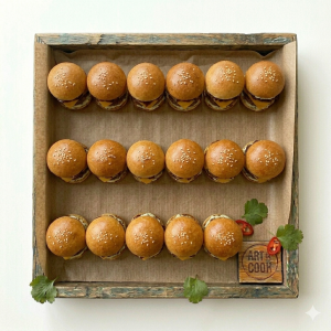 mini hamburguesas de ternera wayu con cheddar, cebolla caramelizada y tartara