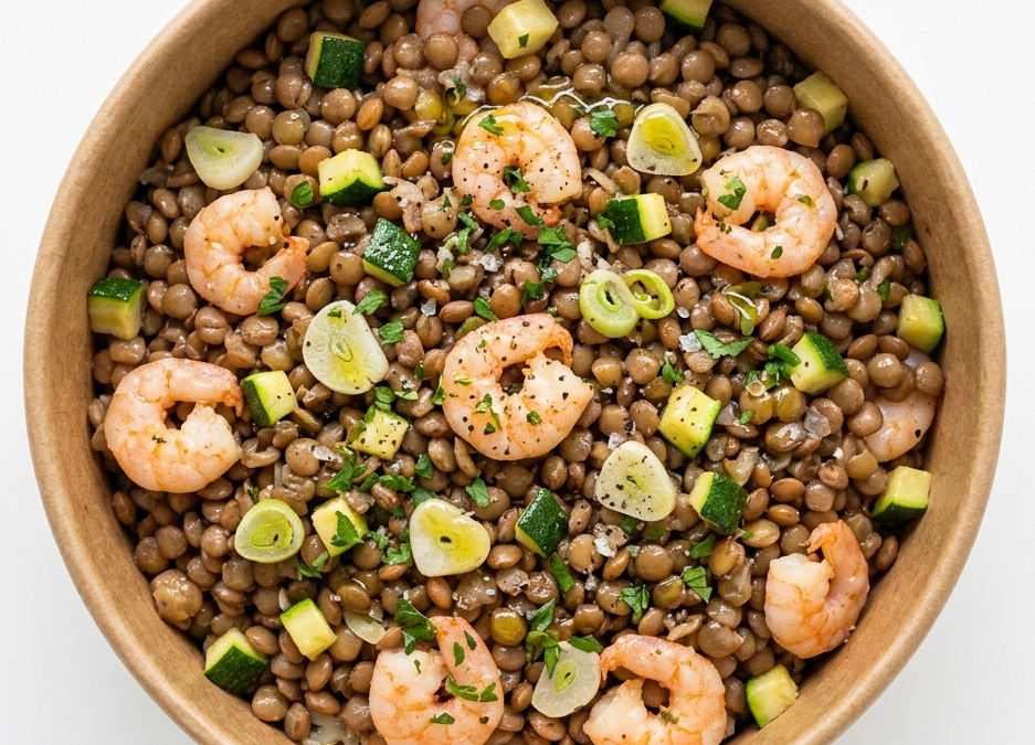 Lentejas salteadas con gambitas,
